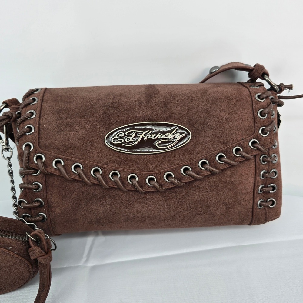Ed Hardy Brown Suede Whipstitch Shoulder Bag with Coin Purse Y2K Western Studded - Picture 2 of 7